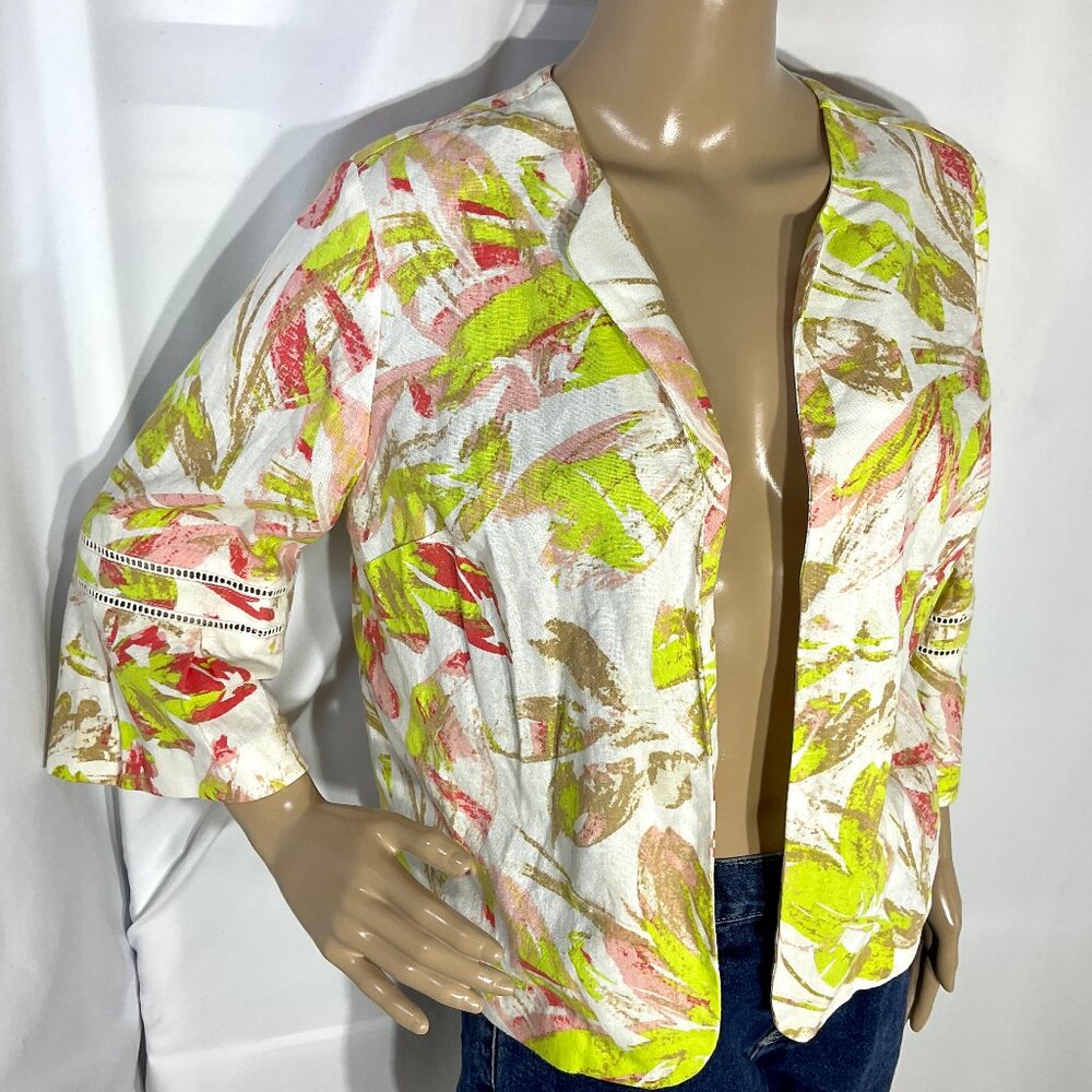 C Est 1946 Open Front Jacket 3/4 Sleeve Sz Med Linen Blend Lightweight Blazer